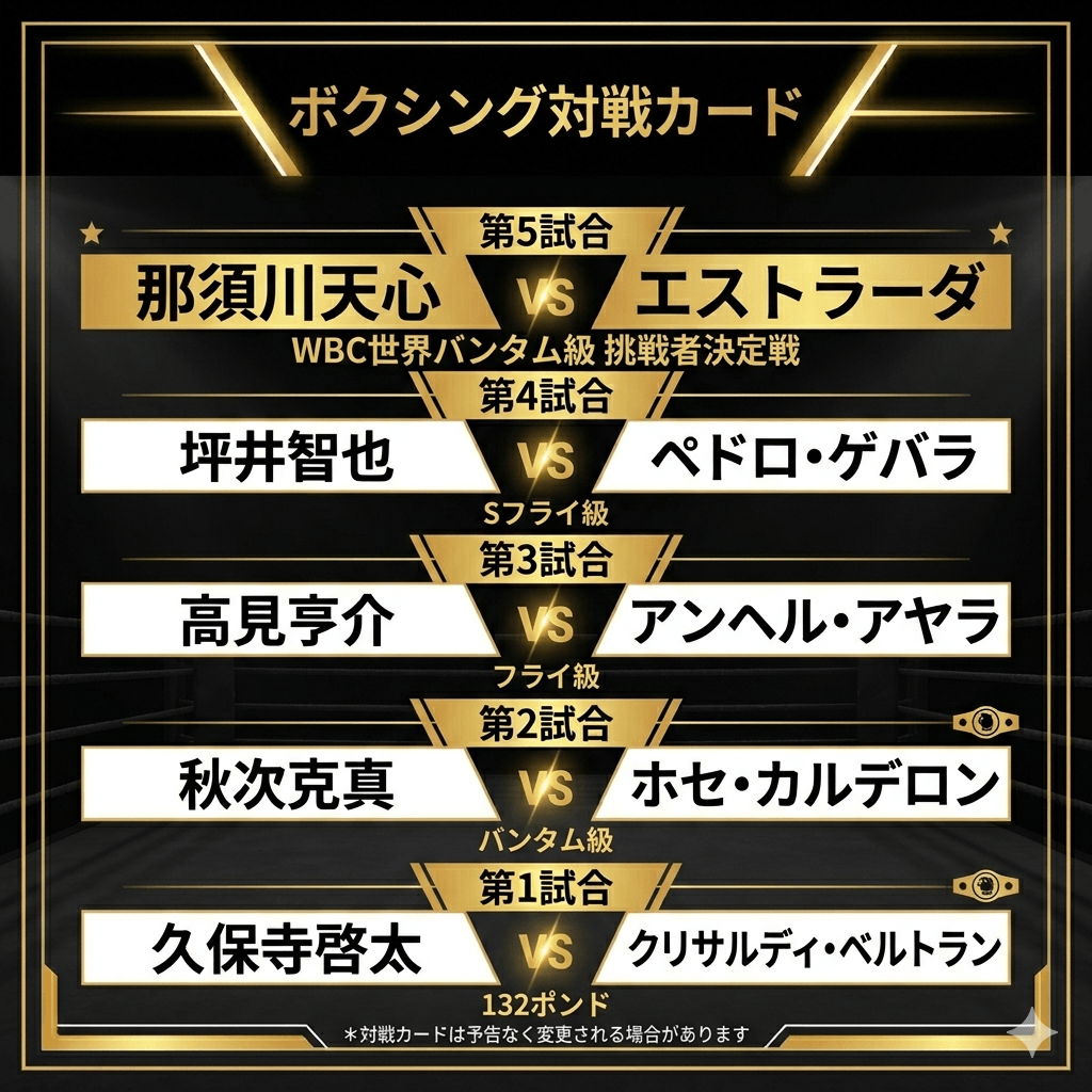 対戦カード一覧表。選手写真を使わず、試合名・階級・注目ポイントを整理した図版。